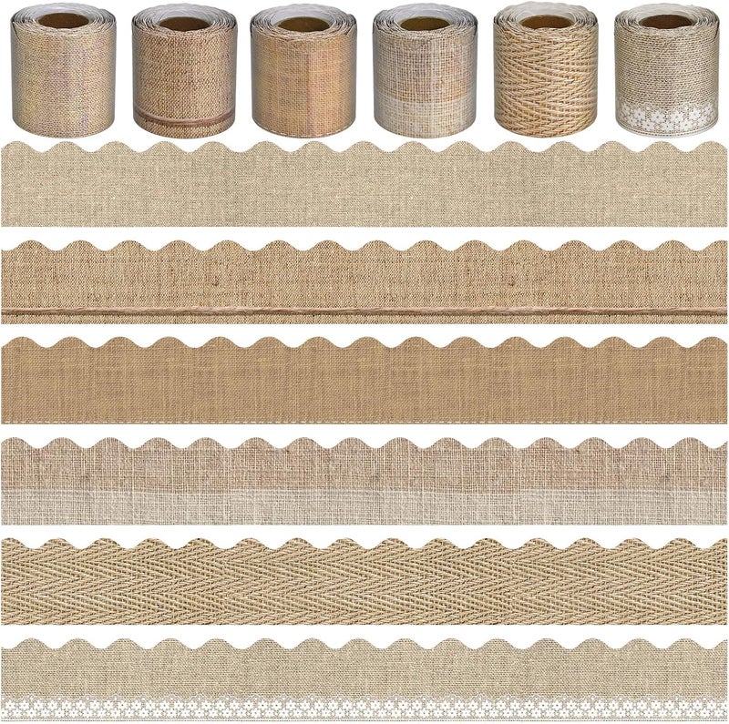 DASTTUIS 6 Rolls 196.8 Ft Burlap Bulletin Board Border Set - Retro Farmhouse Theme Trim - Perfect for Birthday, Classroom, Office & Back to School Decorations - Teacher Decor, Wall & Supplies - Image 1